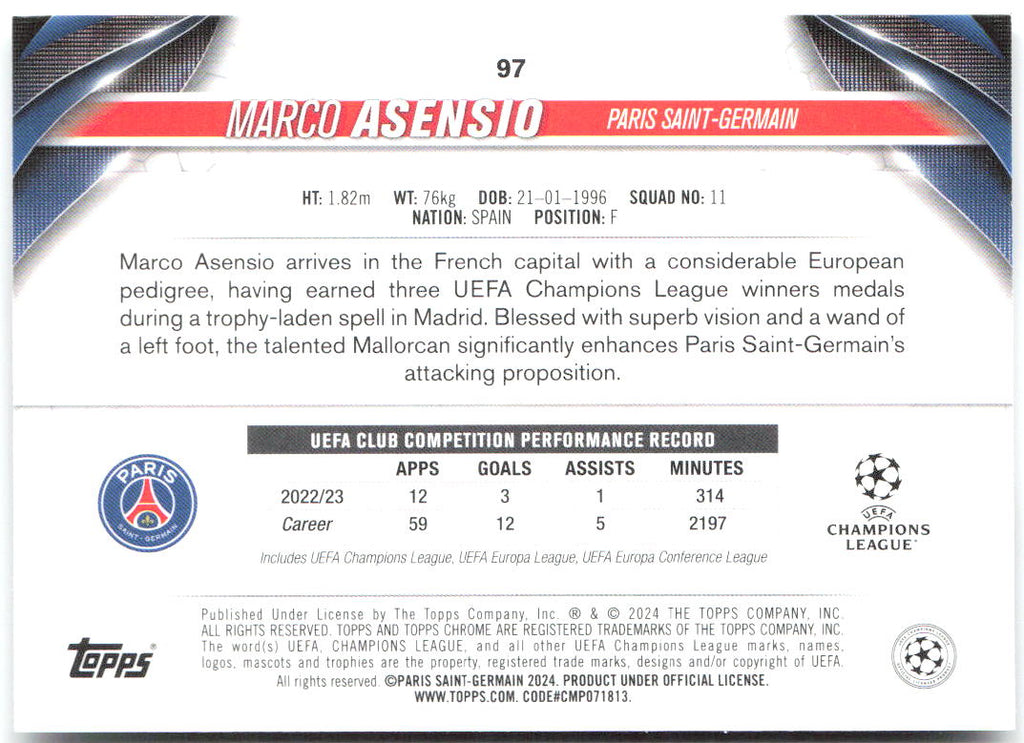 Marco Asensio Topps Chrome UEFA Club Competitions 97 2023-24 Paris Saint-Germain