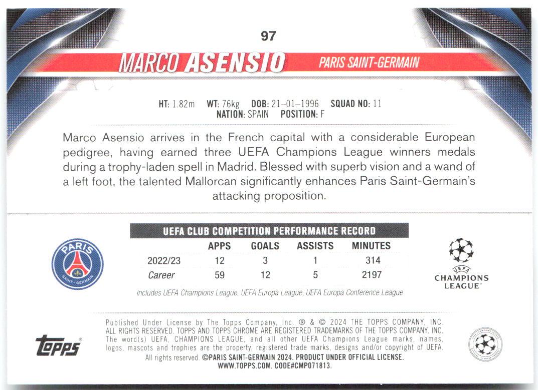 Marco Asensio Topps Chrome UEFA Club Competitions 97 2023-24 Paris Saint-Germain