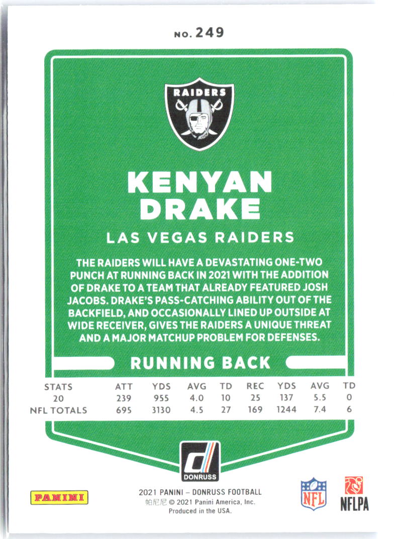 Kenyan Drake Donruss - Press Proof Blue 249 2021 Las Vegas Raiders