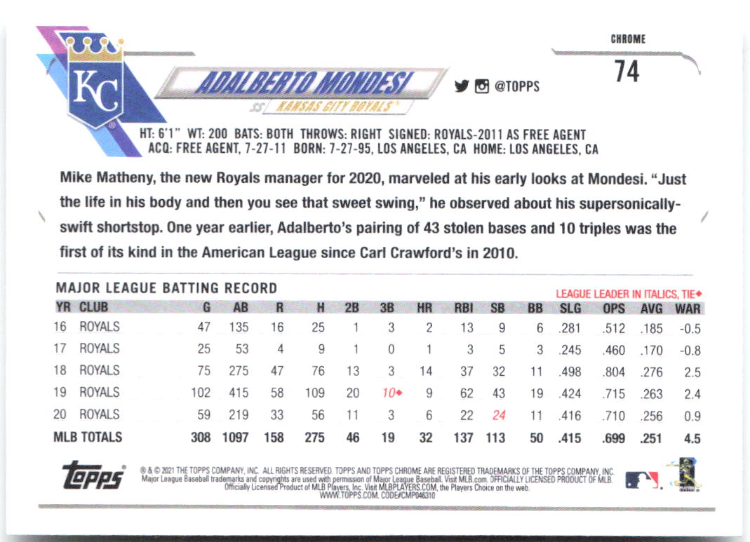 Adalberto Mondesi Topps Chrome 74 2021 Kansas City Royals