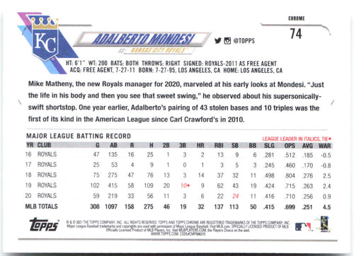 Adalberto Mondesi Topps Chrome 74 2021 Kansas City Royals