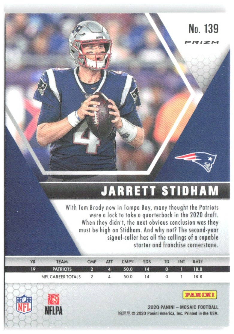 Jarrett Stidham Panini Mosaic - Prizm Camo Pink 139 2020 New England Patriots