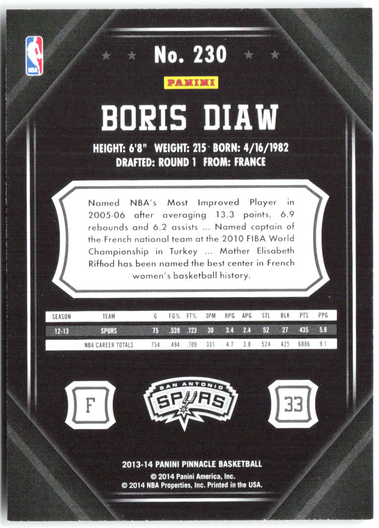 Boris Diaw Pinnacle 230 2013-14 San Antonio Spurs