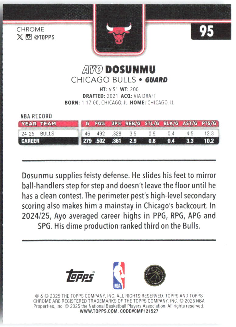 Ayo Dosunmu Topps Chrome 95 2025-26 Chicago Bulls