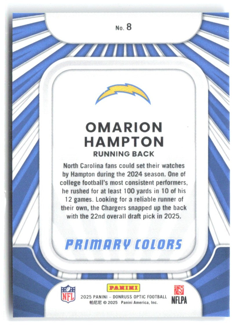 Omarion Hampton Donruss Optic Rookie Primary Colors 8 2025 Los Angeles Chargers
