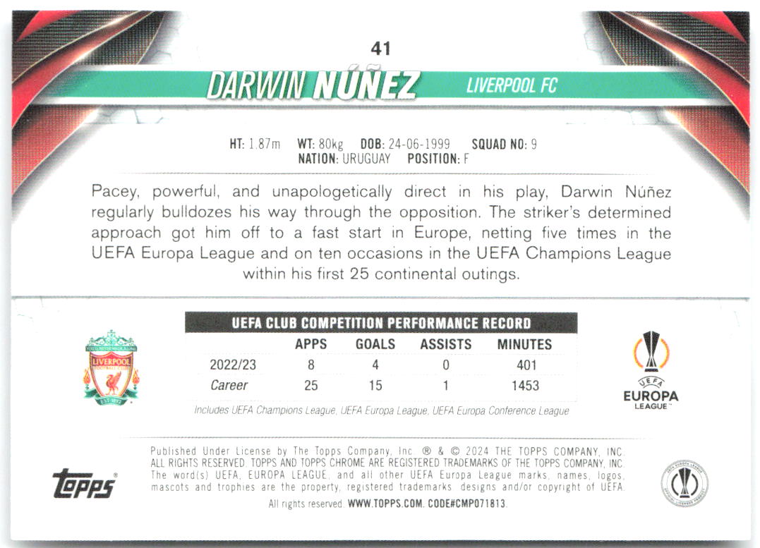 Darwin Núñez Topps Chrome UEFA Club Competitions 41 2023-24 Liverpool