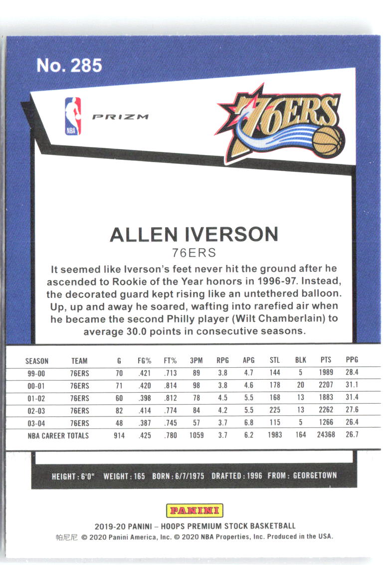 Allen Iverson Hoops Premium Stock - Prizms Silver 285 2019-20 Philadelphia 76ers