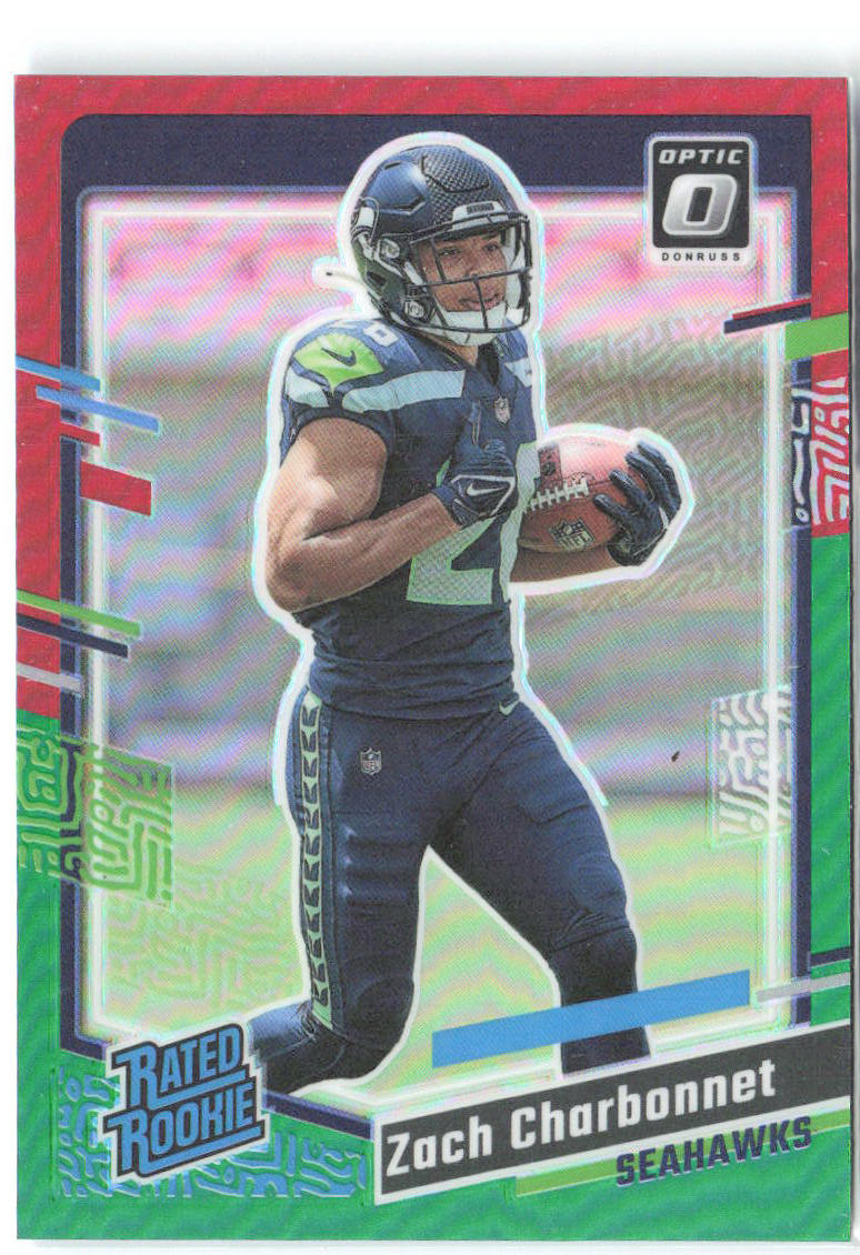Zach Charbonnet Donruss - Optic Rated Rookie Red & Green Prizm 392 2023 Seahawks