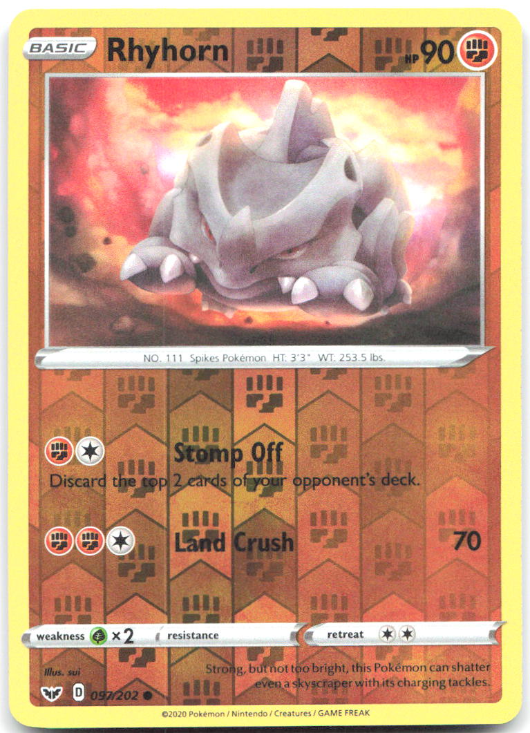 Rhyhorn 097 Reverse Holo SWSH01 Sword & Shield Base 097/202 NM Hisao Nakamura