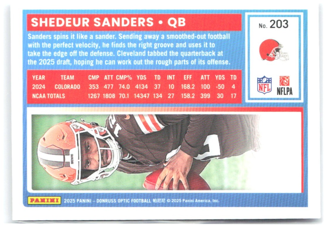Shedeur Sanders Donruss Optic 203 2025 Cleveland Browns RC