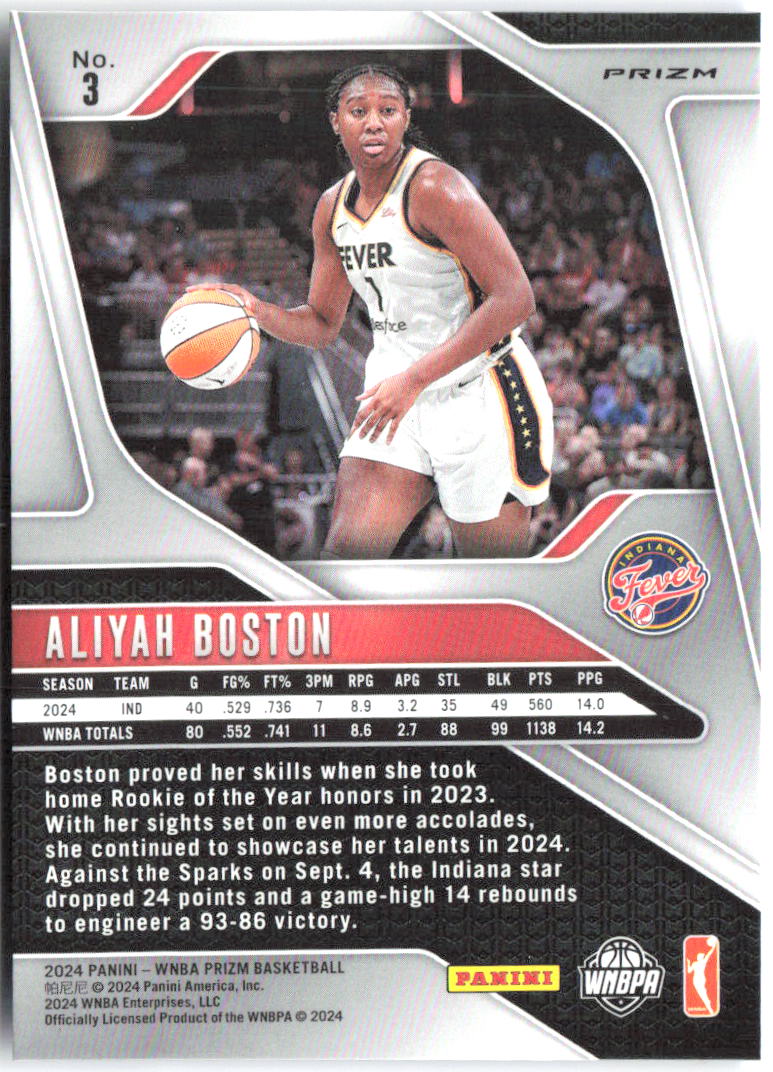 Aliyah Boston Panini Prizm WNBA - Blue Velocity Prizms 3 2024 Indiana Fever