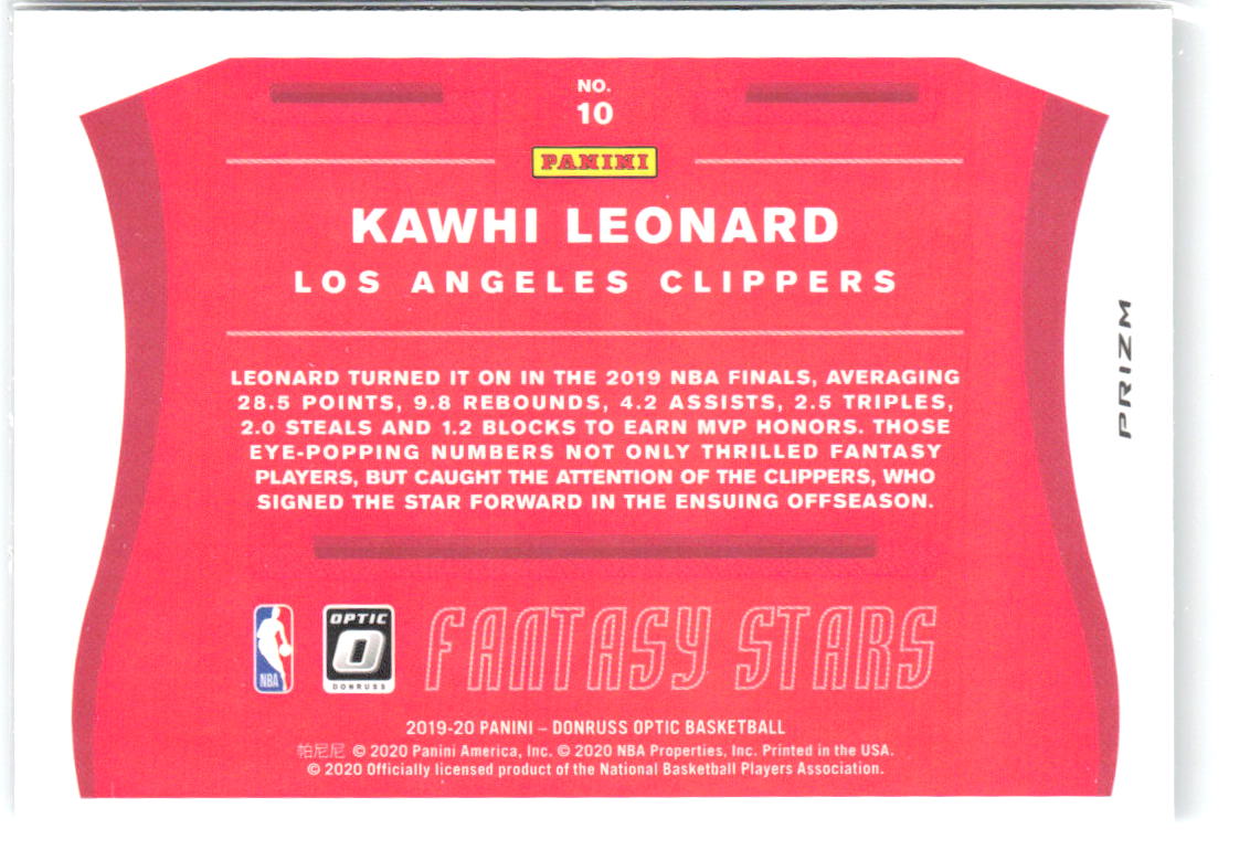 Kawhi Leonard Donruss Optic - Fantasy Stars Holo 10 2019-20 Los Angeles Clippers