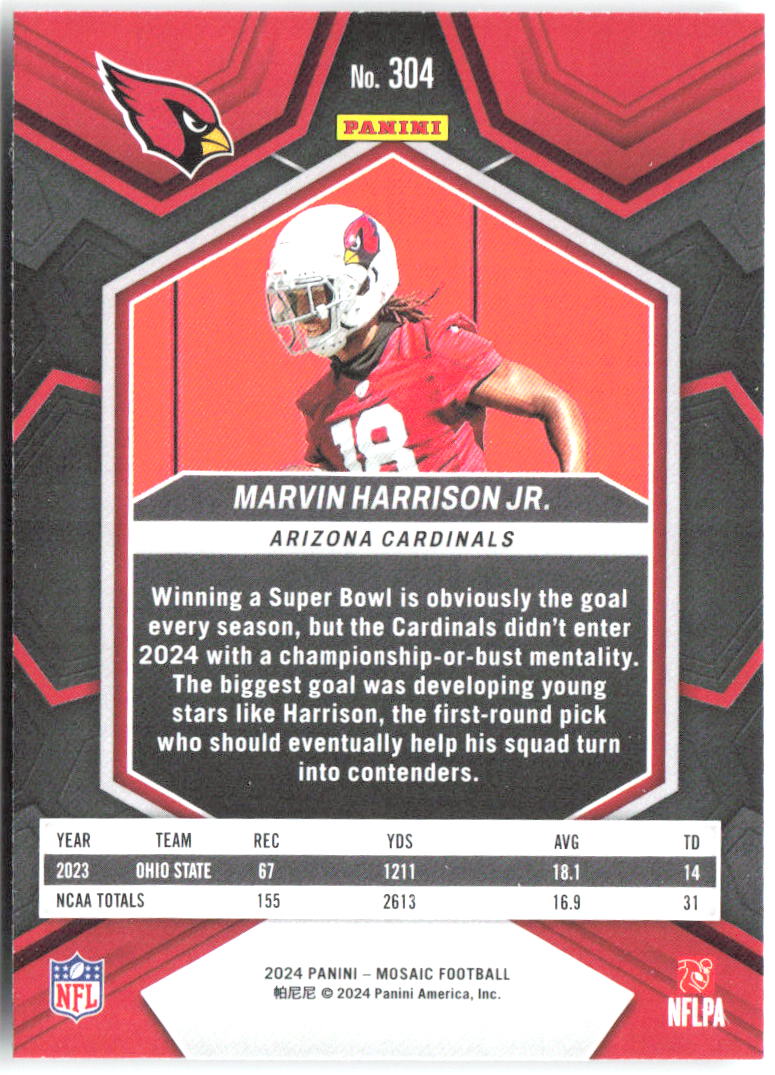 Marvin Harrison Jr. Panini Mosaic 304 2024 Arizona Cardinals RC