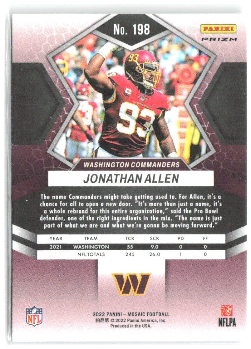 Jonathan Allen Panini Mosaic - Mosaic 198 2022 Washington Commanders