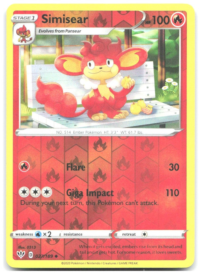 Simisear Reverse Holo Uncommon SWSH03 Darkness Ablaze 027/189 NM 0313
