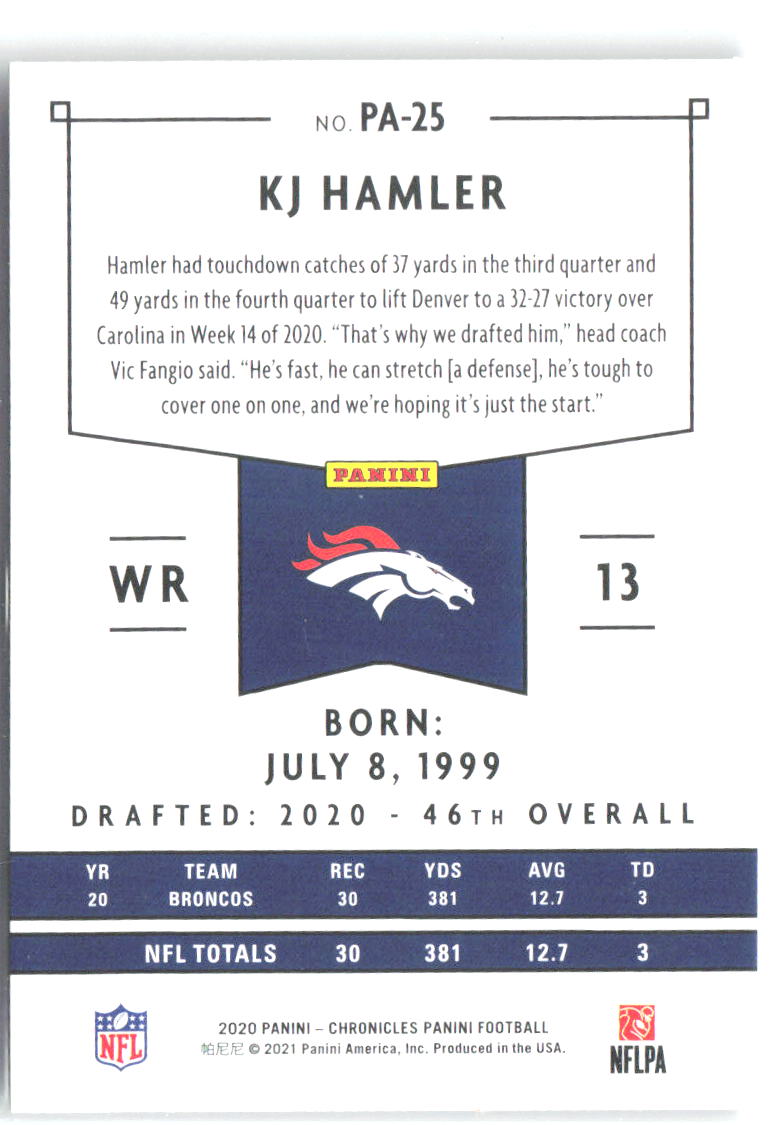 KJ Hamler Panini Chronicles - Panini PA-25 2020 Denver Broncos
