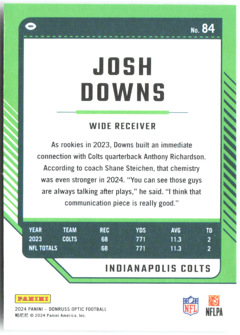 Josh Downs Donruss Optic 84 2024 Indianapolis Colts