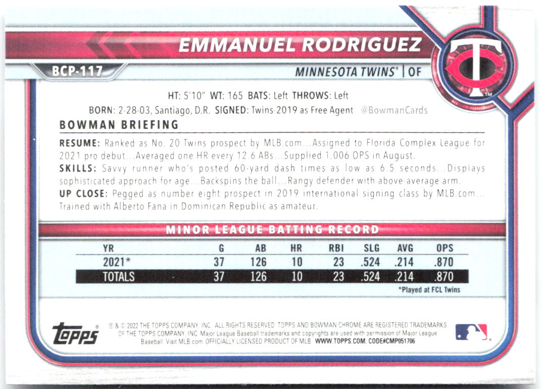 Emmanuel Rodriguez Bowman - Chrome Prospects BCP-117 2022 Minnesota Twins
