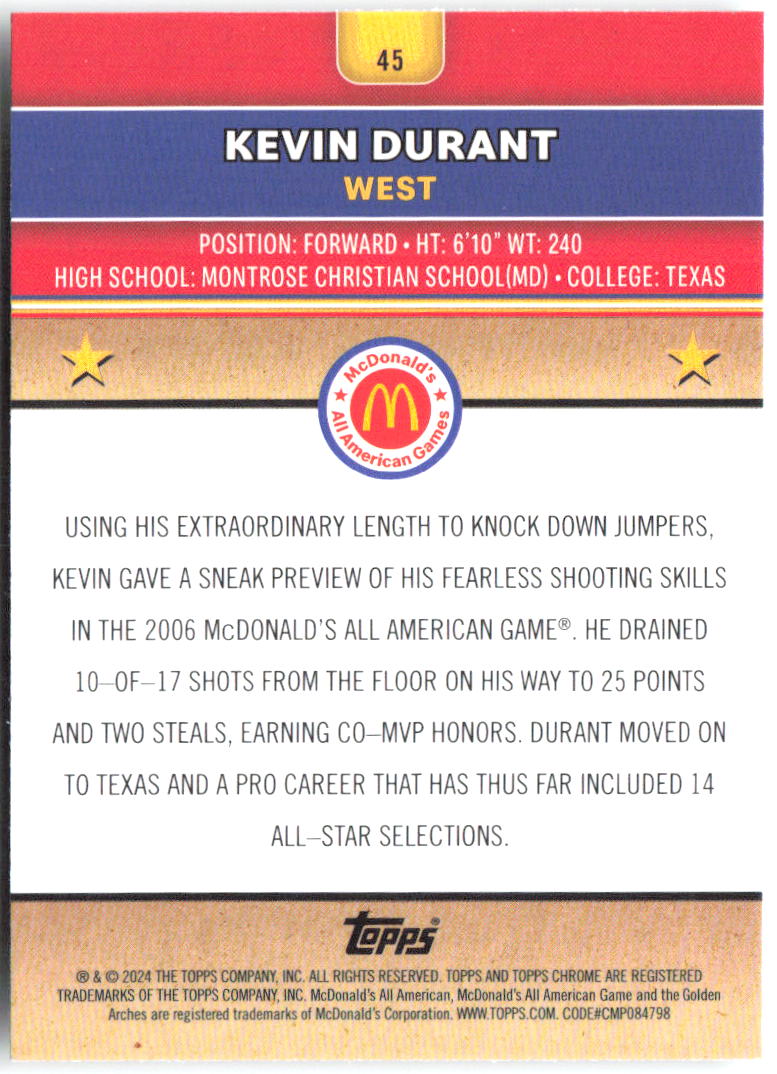 Kevin Durant Topps Chrome McDonald's All-American 45 2024
