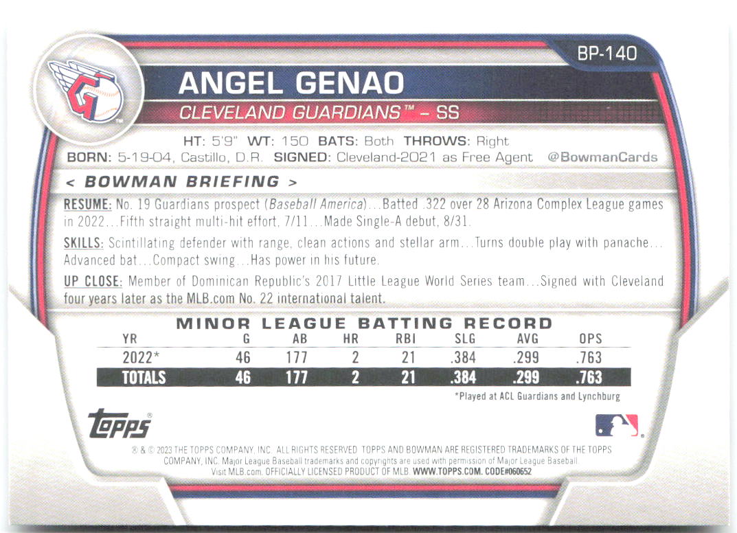 Angel Genao Bowman - Prospects BP-140 2023 Cleveland Guardians