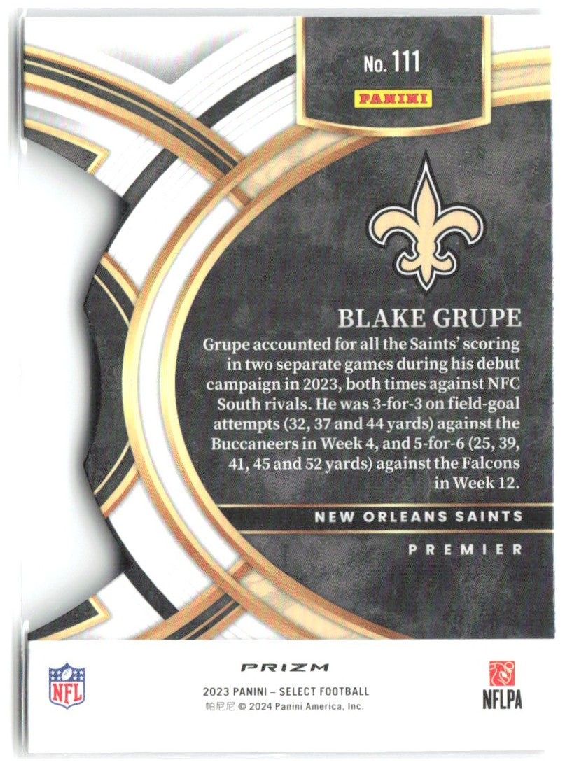 Blake Grupe Select - Black and Red Prizms Die Cuts 111 2023 New Orleans Saints