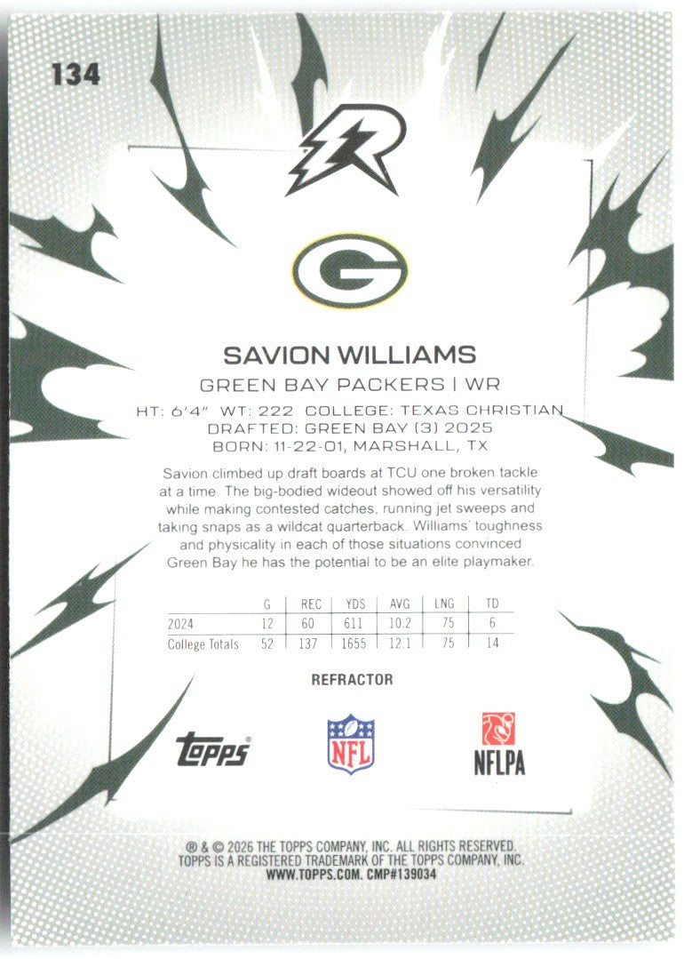 Savion Williams Topps Resurgence - Refractor 134 2025 Green Bay Packers