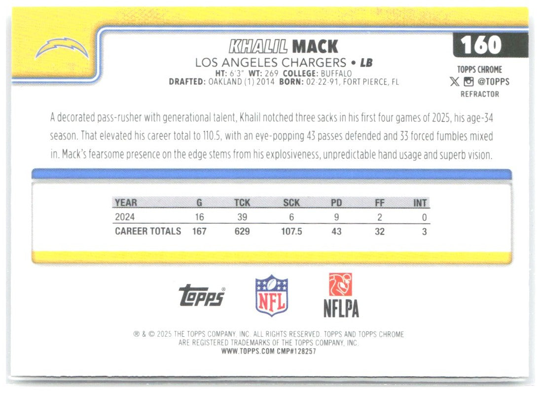 Khalil Mack Topps Chrome - Refractor 160 2025 Los Angeles Chargers