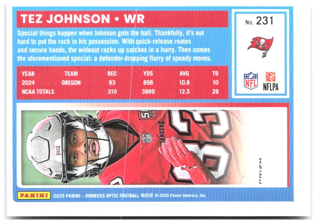 Tez Johnson Donruss Optic - Pink 231 2025 Tampa Bay Buccaneers