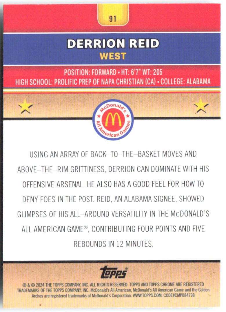 Derrion Reid Topps Chrome McDonald's All-American 91 2024