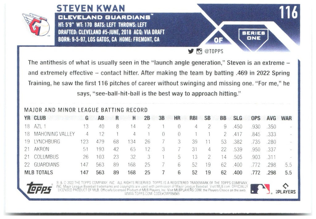Steven Kwan Topps 116 2023 Cleveland Guardians