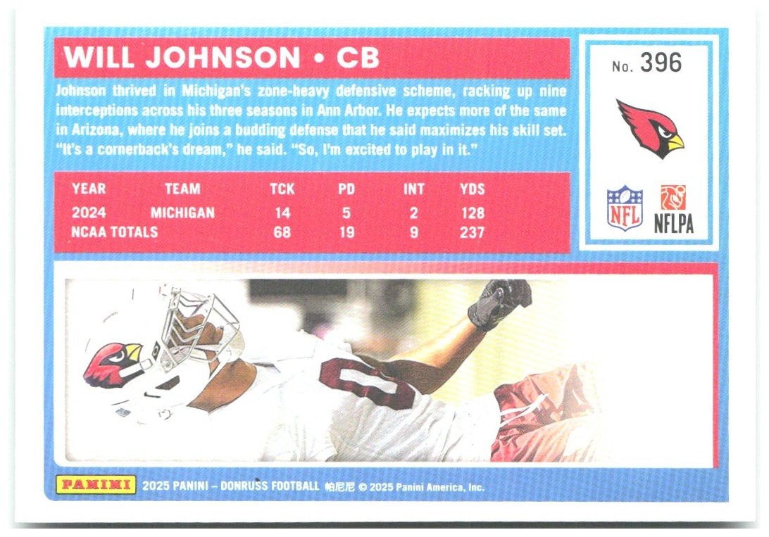 Will Johnson Donruss - Press Proofs Green 396 2025 Arizona Cardinals