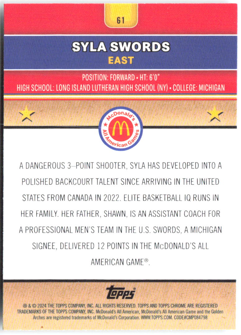 Syla Swords Topps Chrome McDonald's All-American 61 2024