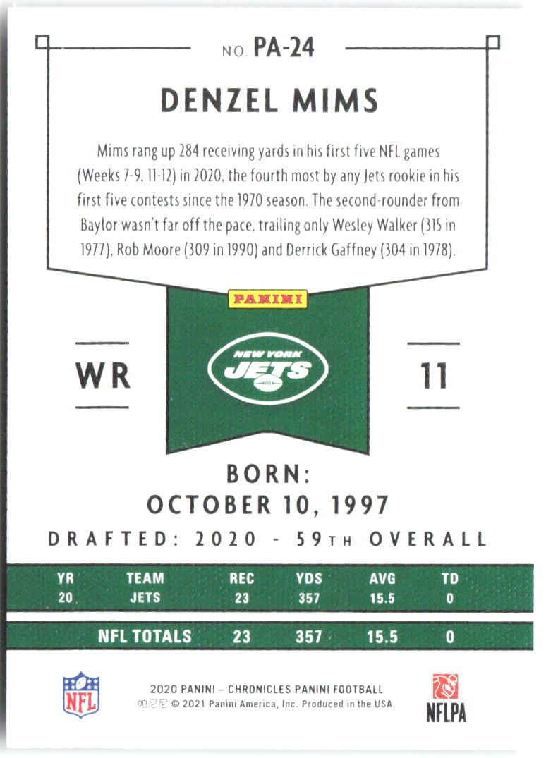 Denzel Mims Panini Chronicles - Panini Pink PA-24 2020 New York Jets