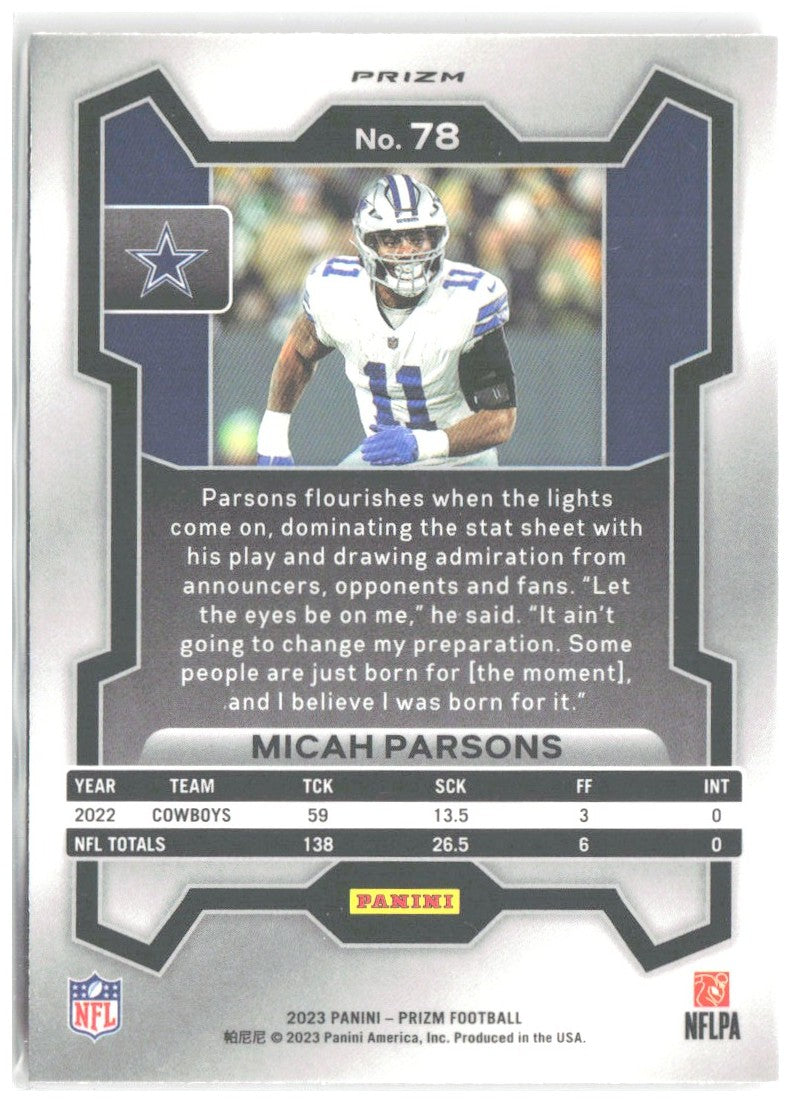 Micah Parsons Panini Prizm - Lazer 78 2023 Dallas Cowboys