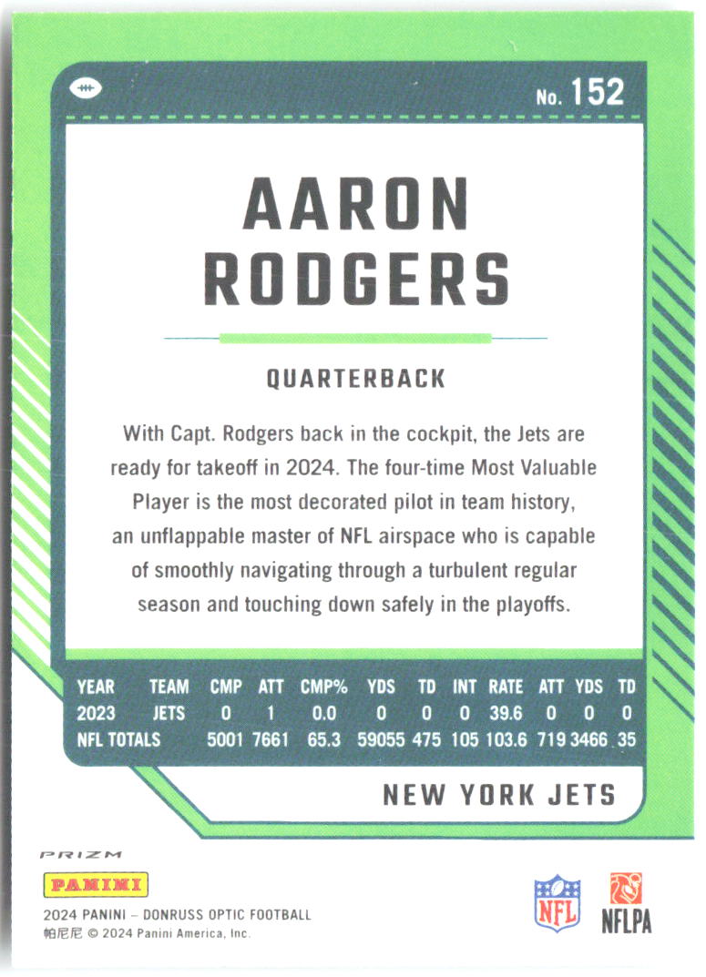 Aaron Rodgers Donruss Optic - Holo 152 2024 New York Jets