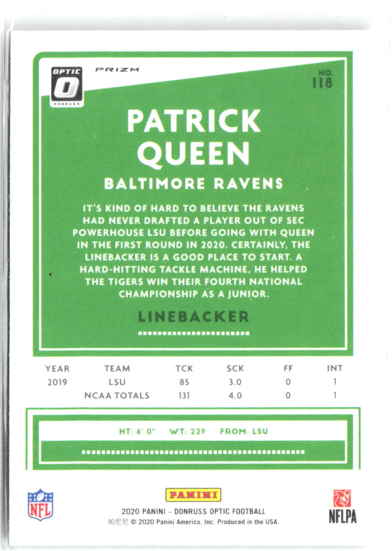 Patrick Queen Donruss Optic - Holo 118 2020 Baltimore Ravens
