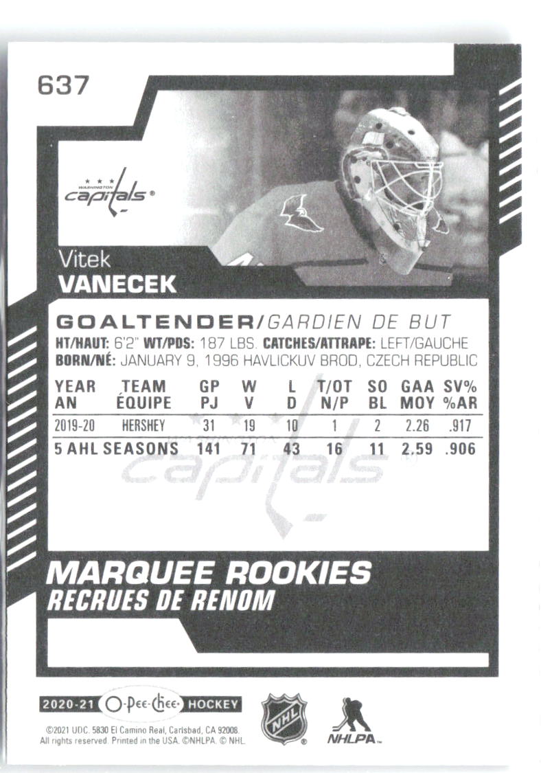 Vitek Vanecek Upper Deck O-Pee-Chee Update 637 2020-21 Washington Capitals RC