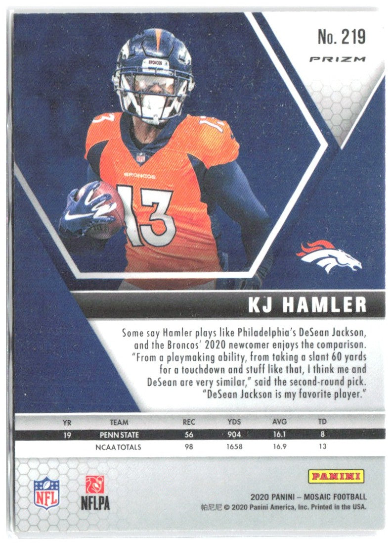 KJ Hamler Panini Mosaic - Prizm Reactive Blue 219 2020 Denver Broncos