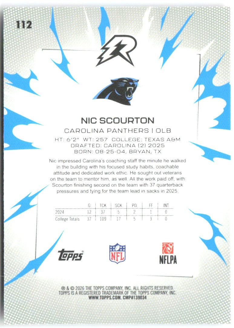Nic Scourton Topps Resurgence Sky Blue & Pink Shock Refractor 112 2025 Panthers