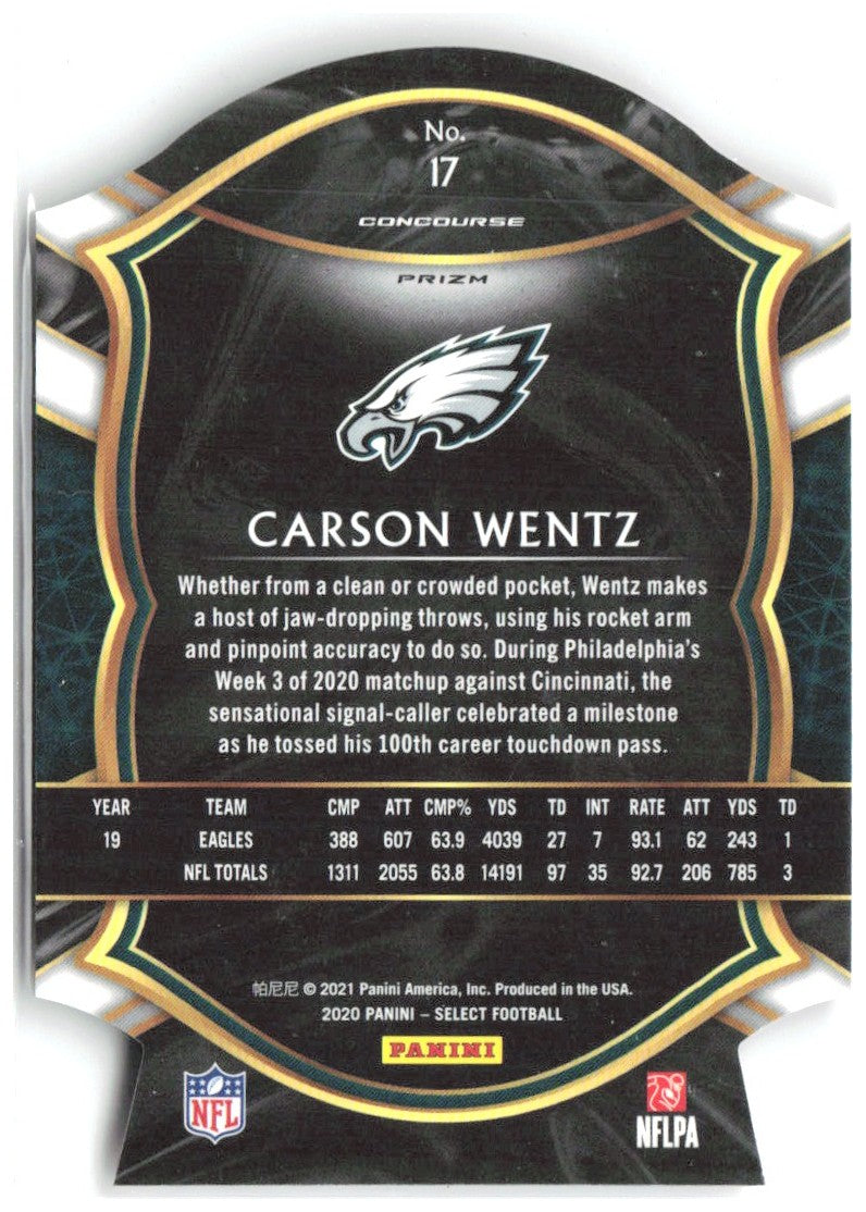 Carson Wentz Panini Select - Red Prizm Die Cut 17 2020 Philadelphia Eagles