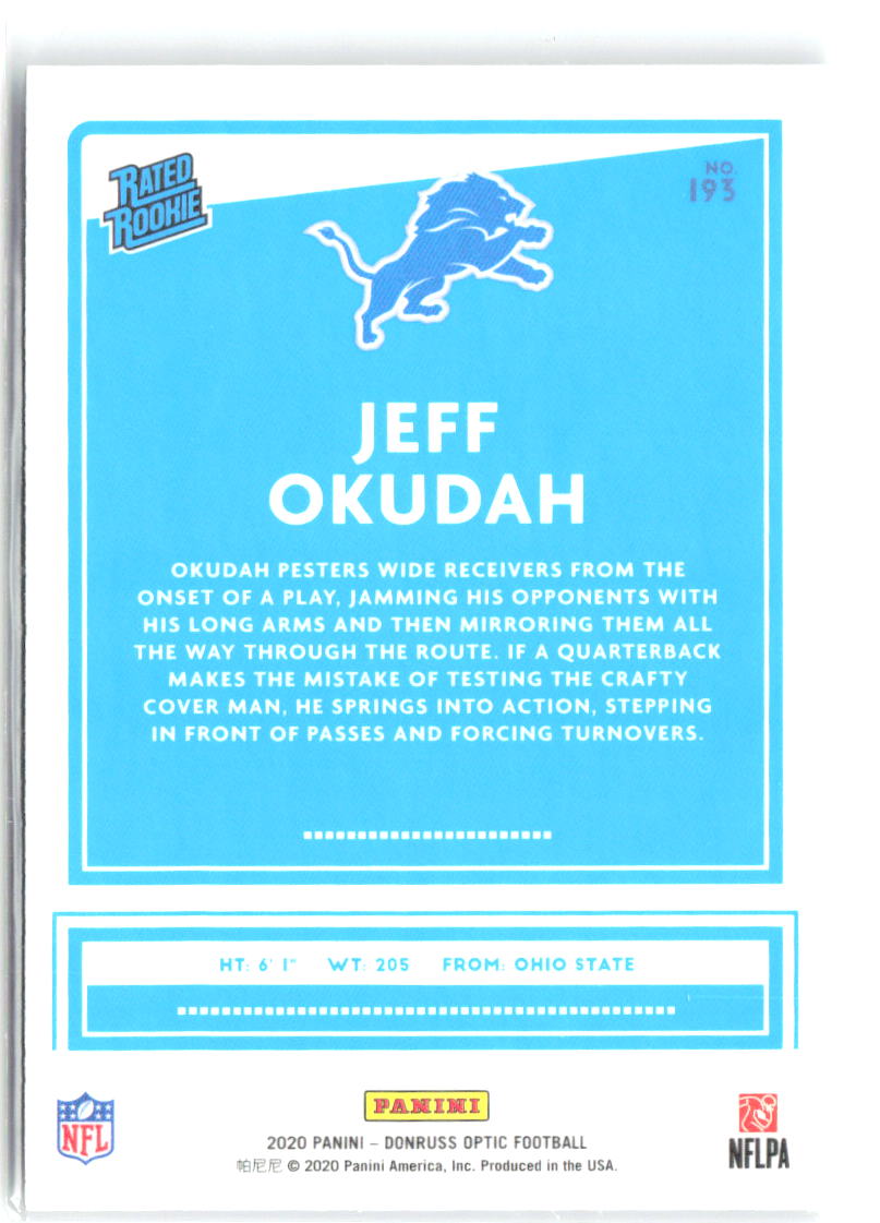 Jeff Okudah Donruss Optic 193 2020 Detroit Lions RC