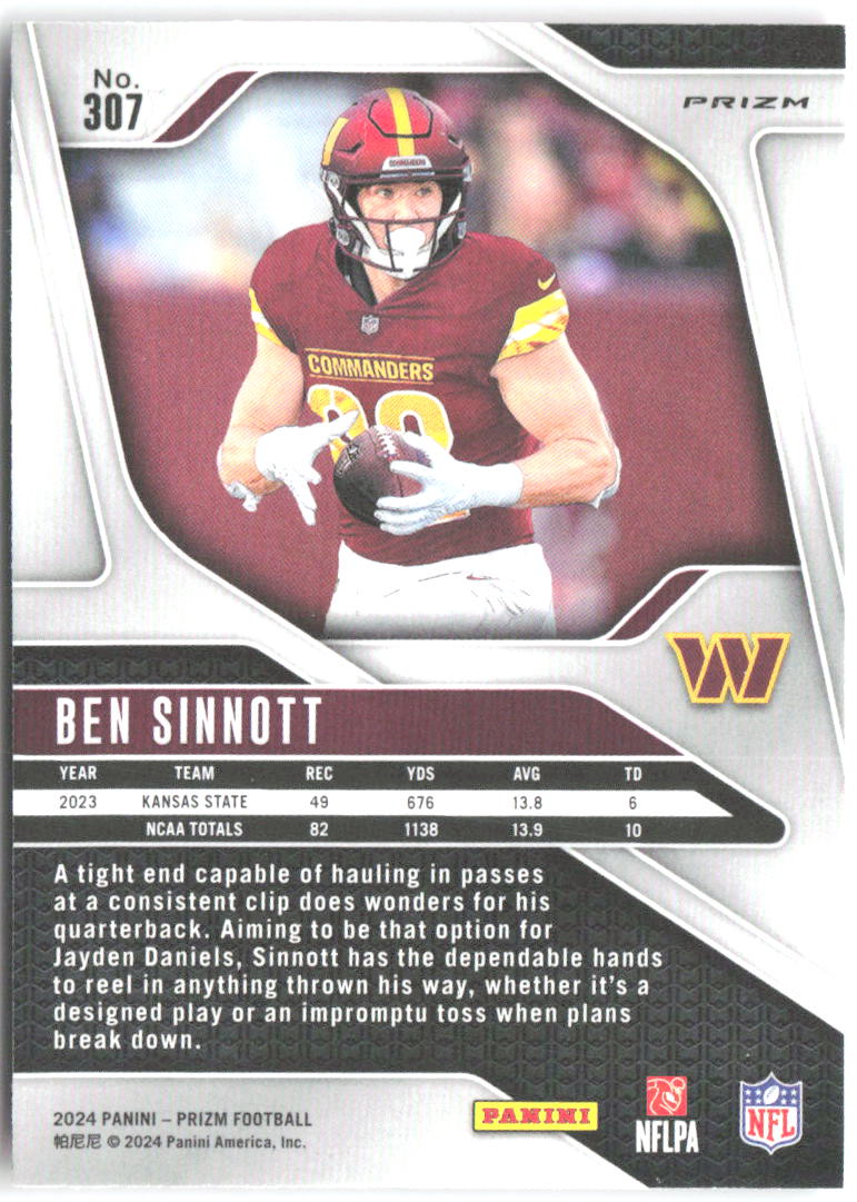 Ben Sinnott Panini Prizm - Pink 307 2024 Washington Commanders