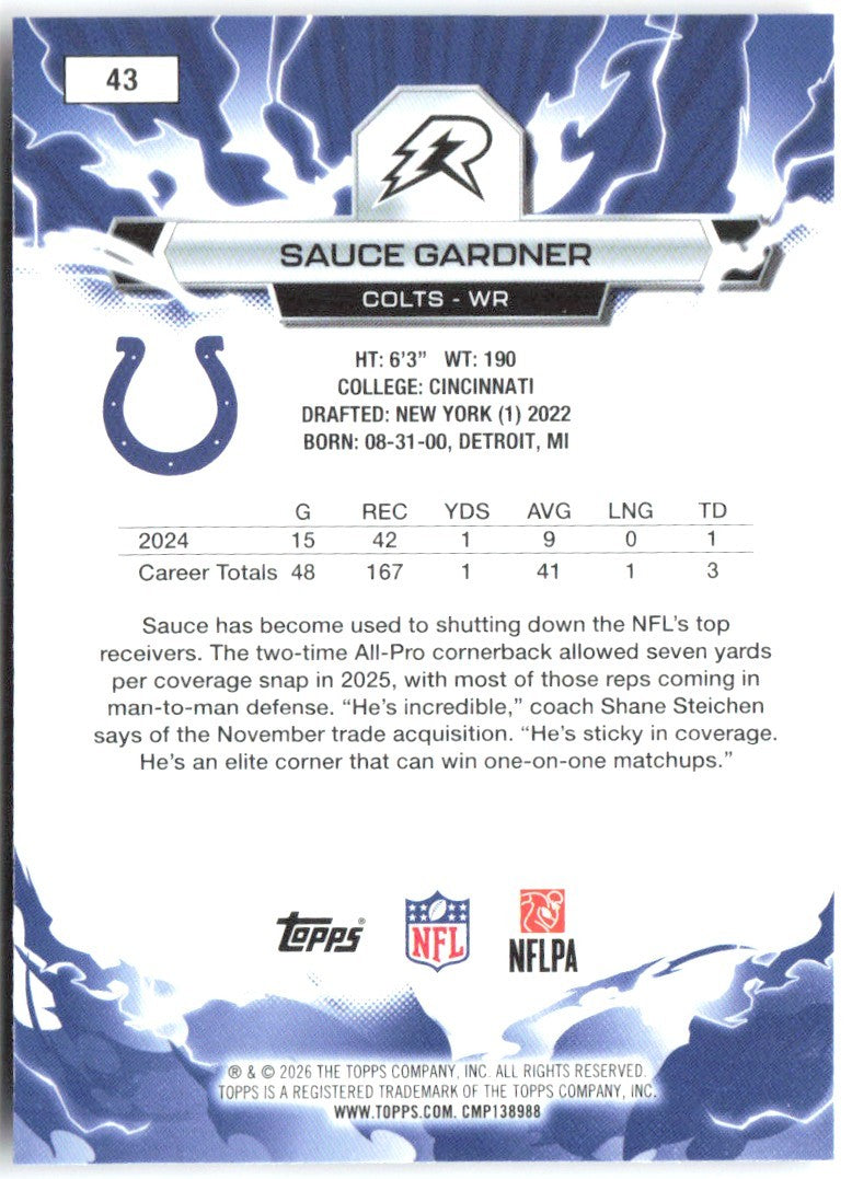 Sauce Gardner Topps Resurgence - Sky Blue & Pink Shock Refractor 43 2025 Colts