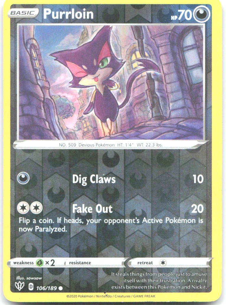 Purrloin Reverse Holo Common SWSH03 Darkness Ablaze 106/189 NM sowsow