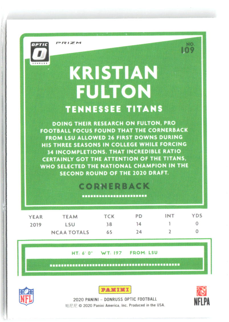 Kristian Fulton Donruss Optic - Holo 109 2020 Tennessee Titans