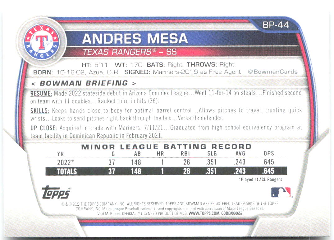 Andres Mesa Bowman - Prospects BP-44 2023 Texas Rangers