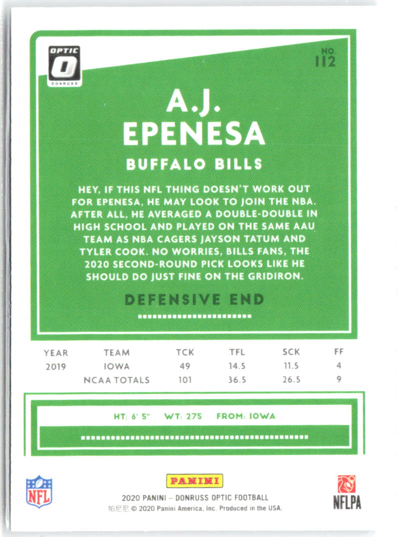 A.J. Epenesa Donruss Optic 112 2020 Buffalo Bills RC