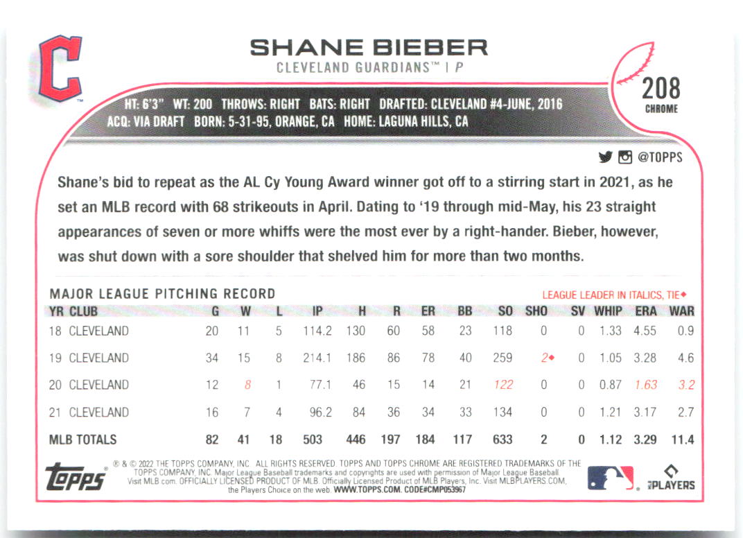 Shane Bieber Topps Chrome 208 2022 Cleveland Guardians