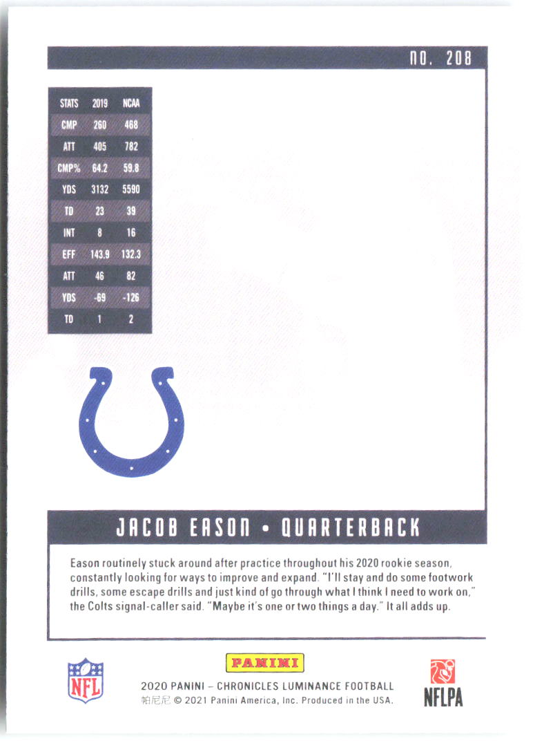 Jacob Eason Chronicles - Luminance Update Rookies 208 2020 Indianapolis Colts