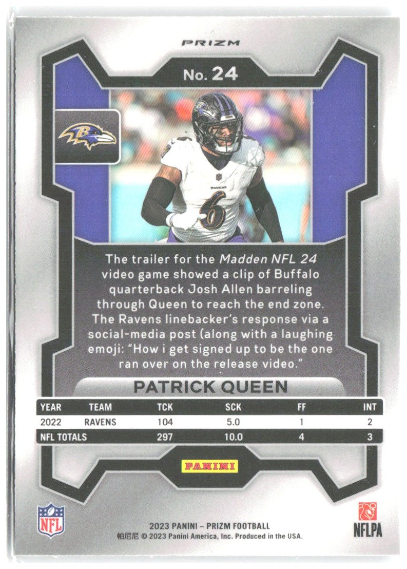 Patrick Queen Panini Prizm - Silver 24 2023 Baltimore Ravens